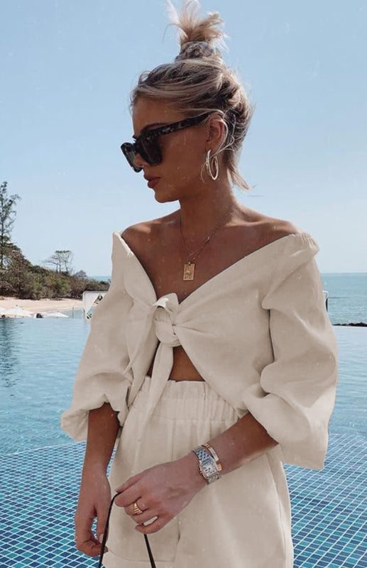 Women's Fashion Sexy Cotton Linen Cardigan Top Pocket Shorts Casual Suit