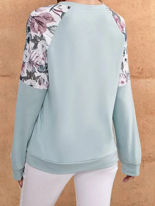 Women's Casual Floral Panel Sleeve Crew Neck Top