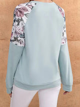 Women's Casual Floral Panel Sleeve Crew Neck Top
