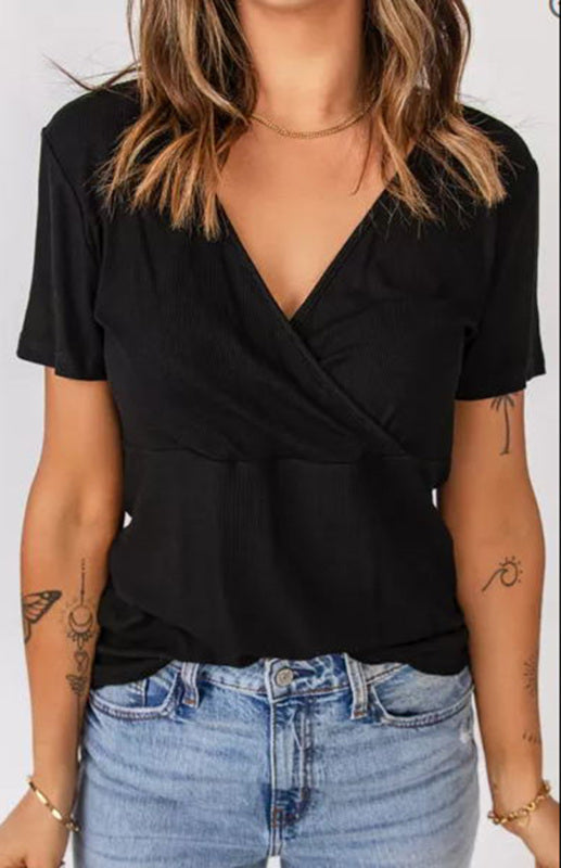 Women's Pleated V-Neck Rib Knit Casual T-Shirt
