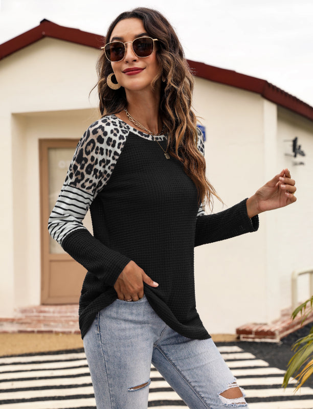 Women’s Long Sleeve Waffle Sweater With Leopard And Stripe Color Blocking