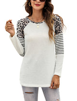 Women’s Long Sleeve Waffle Sweater With Leopard And Stripe Color Blocking
