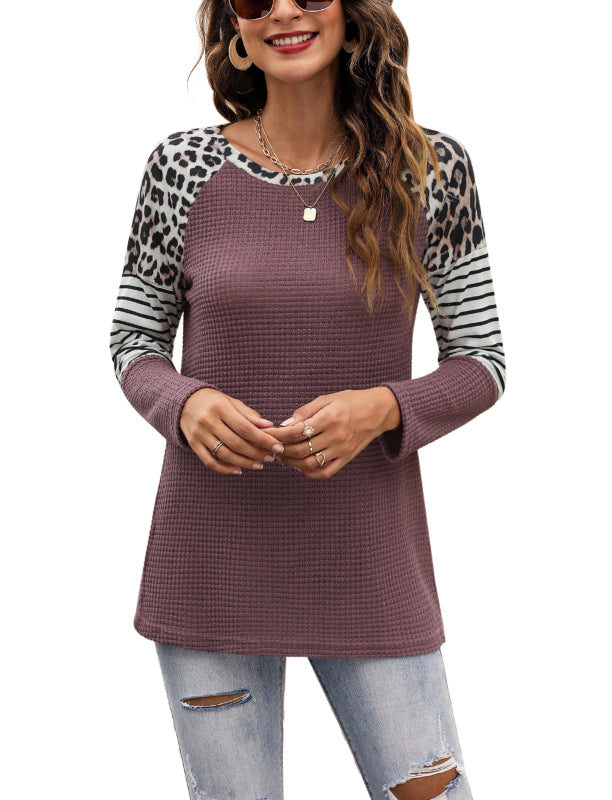 Women’s Long Sleeve Waffle Sweater With Leopard And Stripe Color Blocking