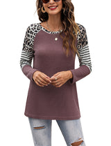 Women’s Long Sleeve Waffle Sweater With Leopard And Stripe Color Blocking