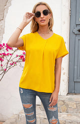 Women's Short Sleeve Casual V-Neck Top Pleated Shirt