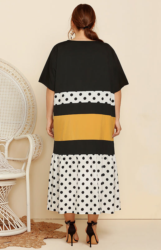 Women's Polka Dot Colorblock Round Neck Long Dress