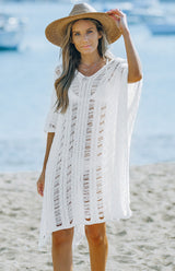White Knit Hollow-out Beach Cover up Dolman Sleeves Side Slits Dress