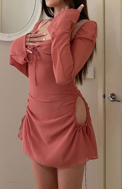 Square Neck Tie High Waist Wrap Cutout Dress