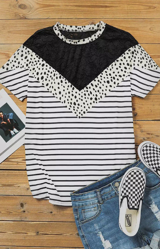 White Chevron Colorblock Lace Leopard Striped Print Short Sleeve Top