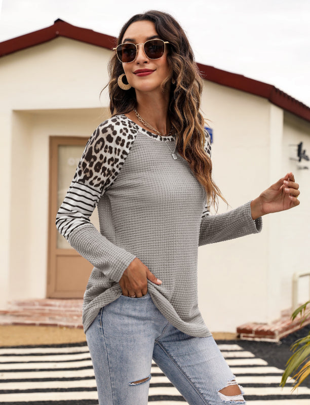 Women’s Long Sleeve Waffle Sweater With Leopard And Stripe Color Blocking