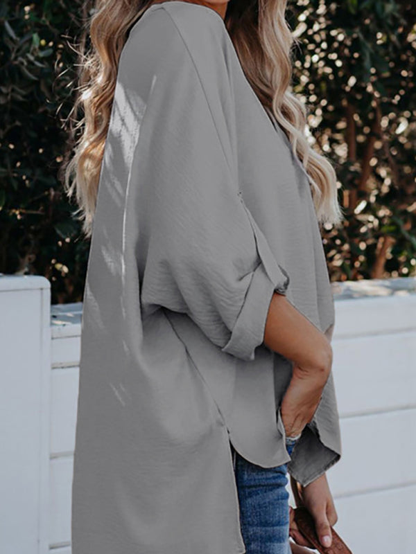 Women's Solid Color V-Neck Long Sleeve Casual Loose Shirt