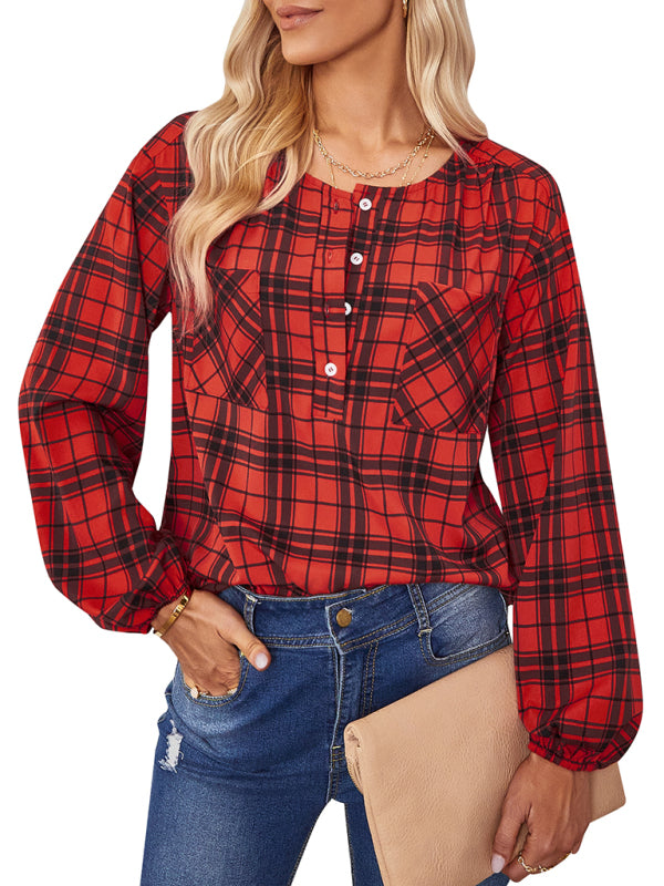 Women's fashion check Round Neck Shirt