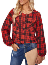 Women's fashion check Round Neck Shirt