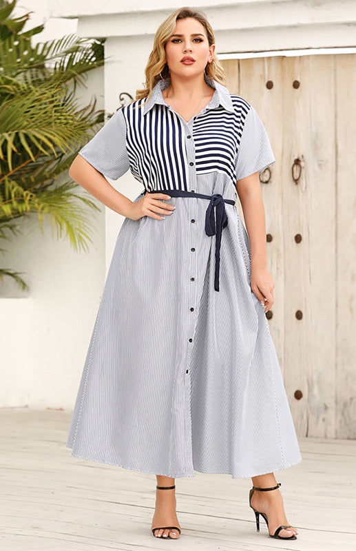 Women's Striped Short Sleeve Shirt Collar Dress