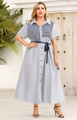Women's Striped Short Sleeve Shirt Collar Dress