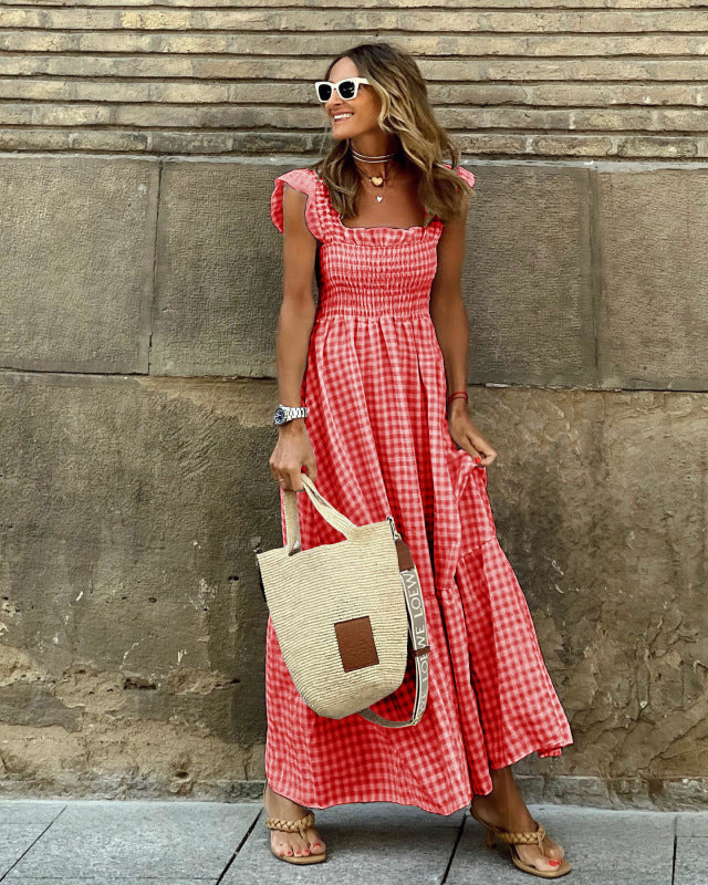Summer Temperament Women's Collage Plaid Sling Elastic Swing Dress
