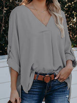 Women's Solid Color V-Neck Long Sleeve Casual Loose Shirt