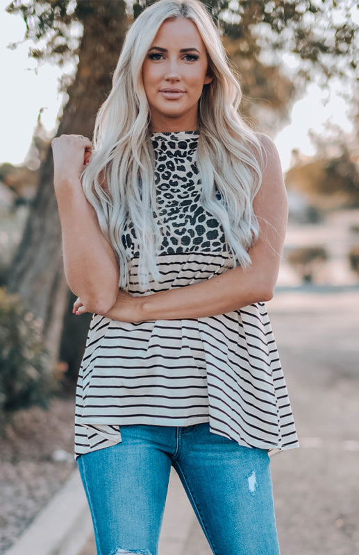 Women's Sleeveless Striped and Leopard Tank Top