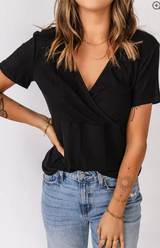 Women's Pleated V-Neck Rib Knit Casual T-Shirt