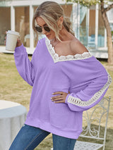 Women's Solid Color Cutout Lace Panel Waffle V-Neck Top