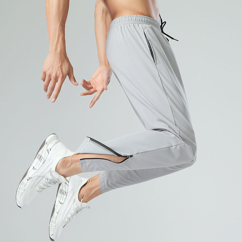 Ice silk quick-drying breathable fitness drawstring casual side zipper trousers