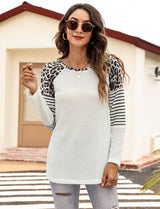 Women’s Long Sleeve Waffle Sweater With Leopard And Stripe Color Blocking