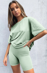 Women's solid color casual short-sleeved + shorts two-piece sets