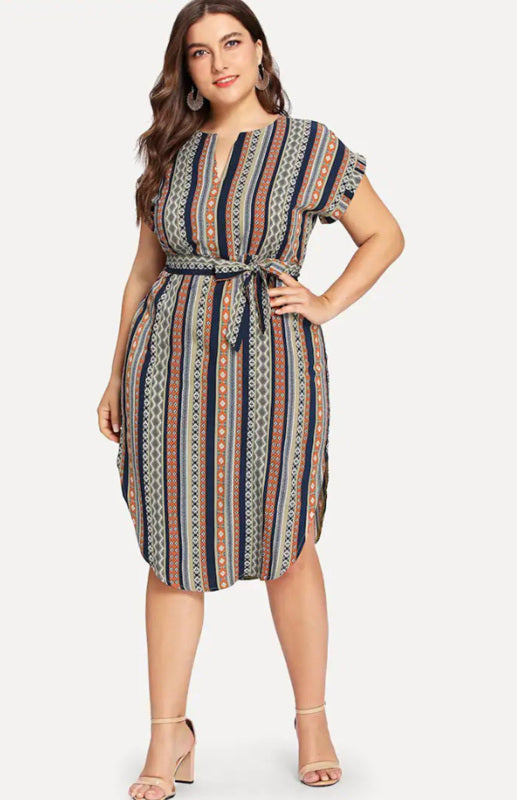 Women's Plus Size Striped V-Neck Short Sleeve Dress