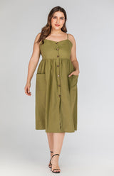 Women's Button Pocket Solid Color Slip Dress