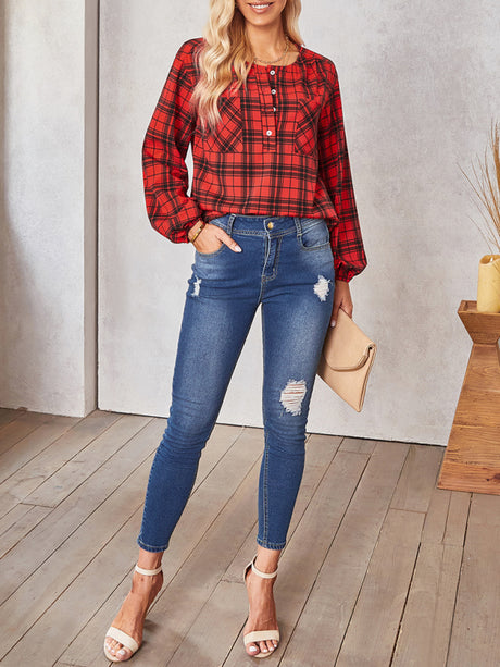 Women's fashion check Round Neck Shirt