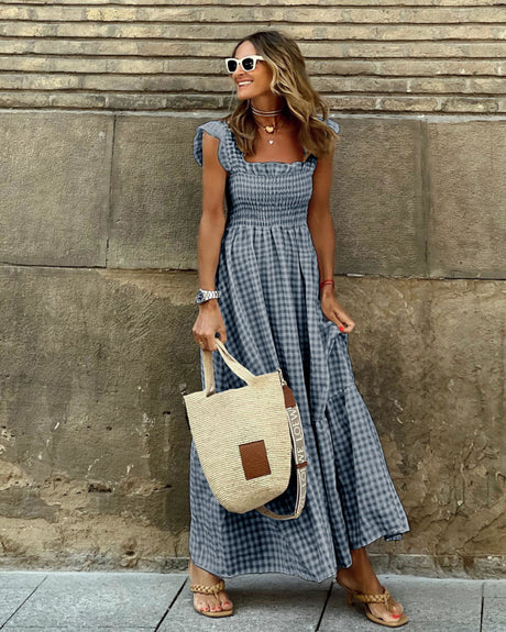 Summer Temperament Women's Collage Plaid Sling Elastic Swing Dress