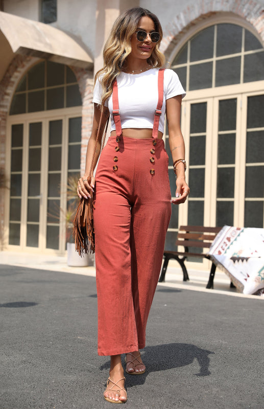 Women's Solid Color Loose Cotton Linen Straight Bib Pants