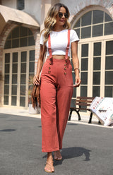 Women's Solid Color Loose Cotton Linen Straight Bib Pants