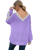 Women's Solid Color Cutout Lace Panel Waffle V-Neck Top