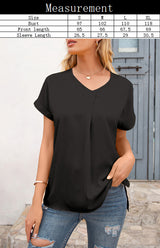 Women's Short Sleeve Casual V-Neck Top Pleated Shirt