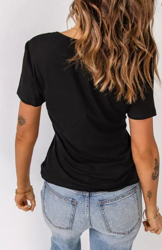 Women's Pleated V-Neck Rib Knit Casual T-Shirt