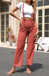 Women's Solid Color Loose Cotton Linen Straight Bib Pants