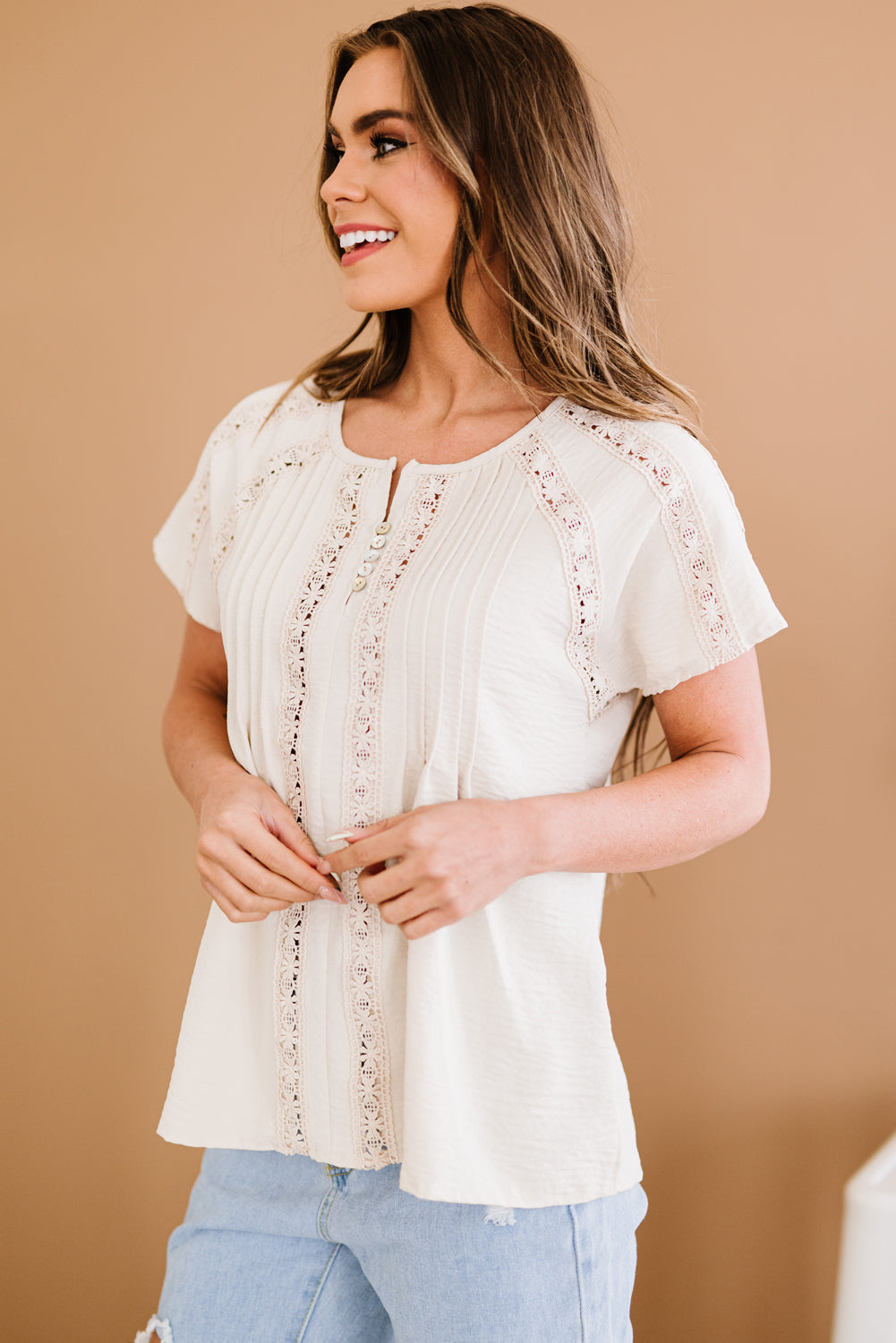 $33 Crochet Eyelet Buttoned Short Sleeves Top