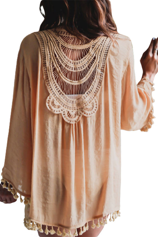 Women's Apricot Crochet Tassel Beach Cover up