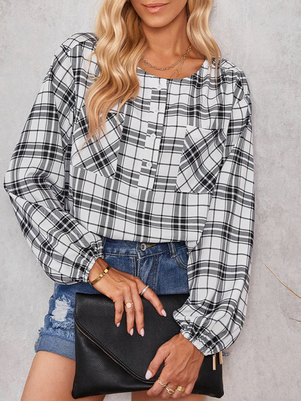 Women's fashion check Round Neck Shirt