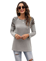 Women’s Long Sleeve Waffle Sweater With Leopard And Stripe Color Blocking