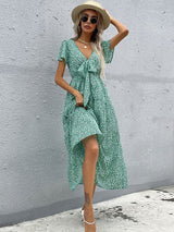 Women's Short Sleeve Green Print V-Neck Dress