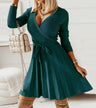 Women’s Long Sleeve Ribbed V Neck Mini Dress With Pleated Skirt Bottom
