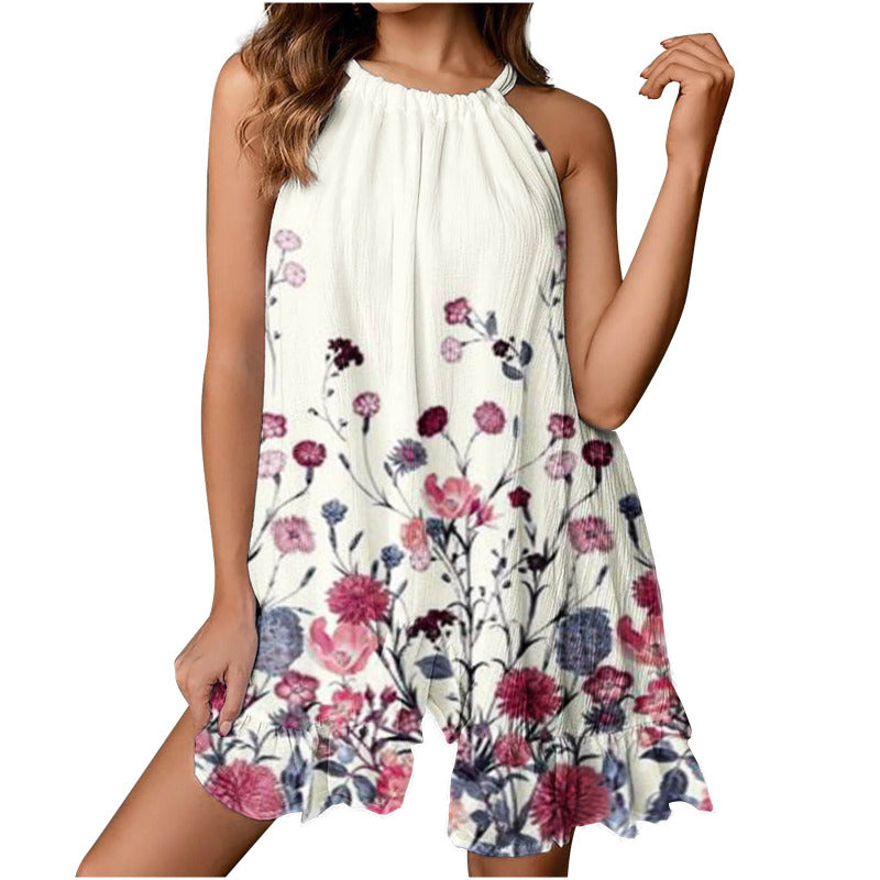 Women's Halter Neck Ruffle Sleeveless Pleated Dress