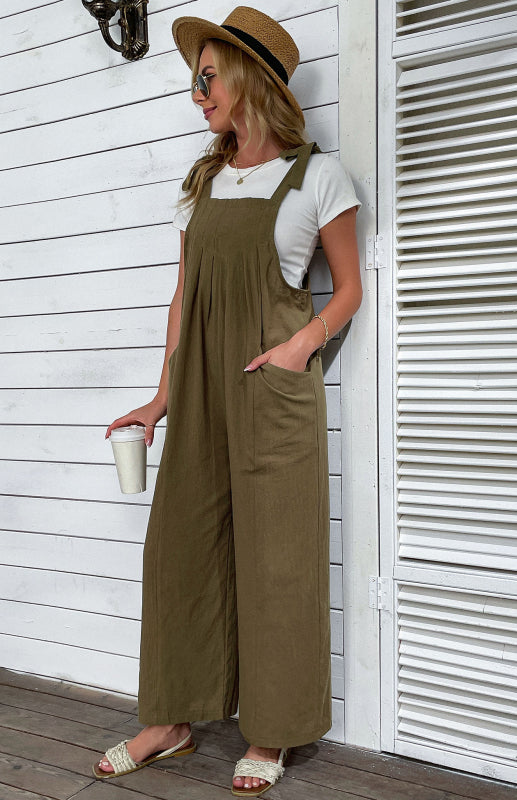 Women's 2022 summer solid color wide-leg cotton and linen overalls