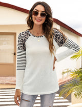 Women’s Long Sleeve Waffle Sweater With Leopard And Stripe Color Blocking