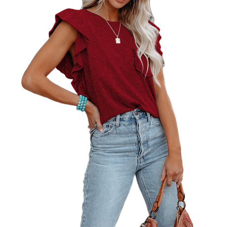 Round neck double-layer lotus leaf top short-sleeved women's T-shirt