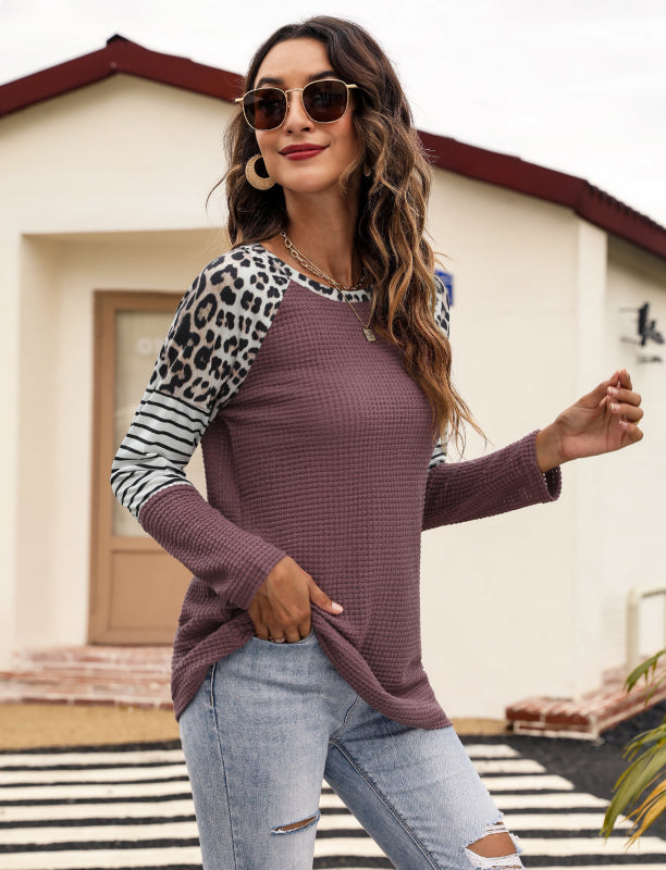 Women’s Long Sleeve Waffle Sweater With Leopard And Stripe Color Blocking