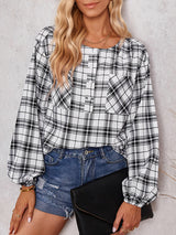 Women's fashion check Round Neck Shirt