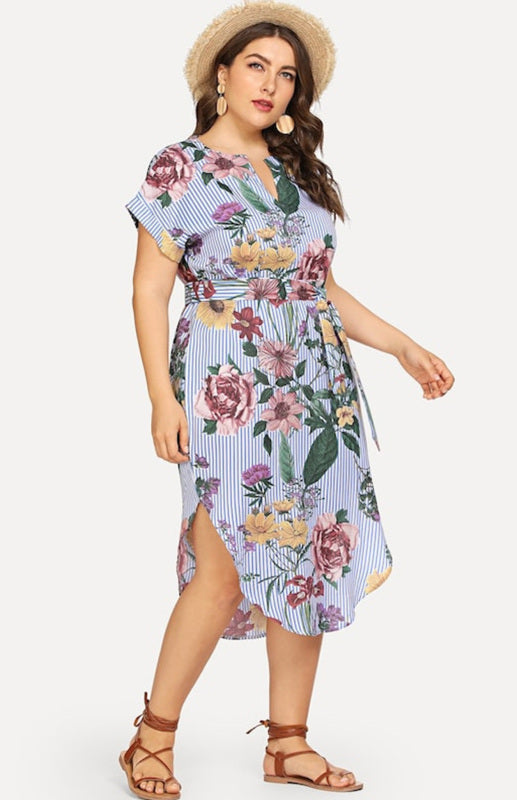 Women's Plus Size Striped V-Neck Short Sleeve Dress